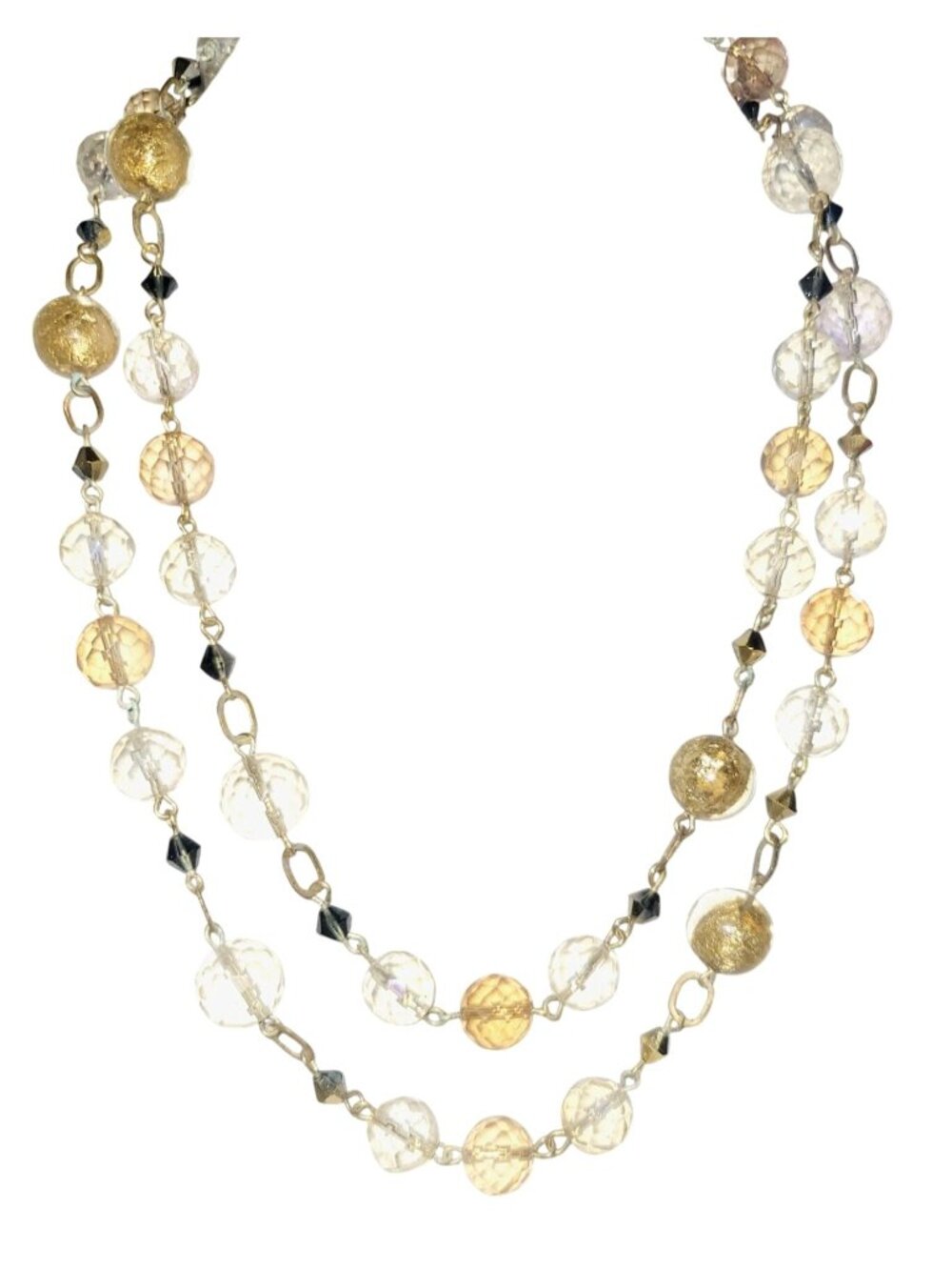 Vintage Long Handmade Gold Foil Beads Art Glass Necklace W Faceted Amber & Clear